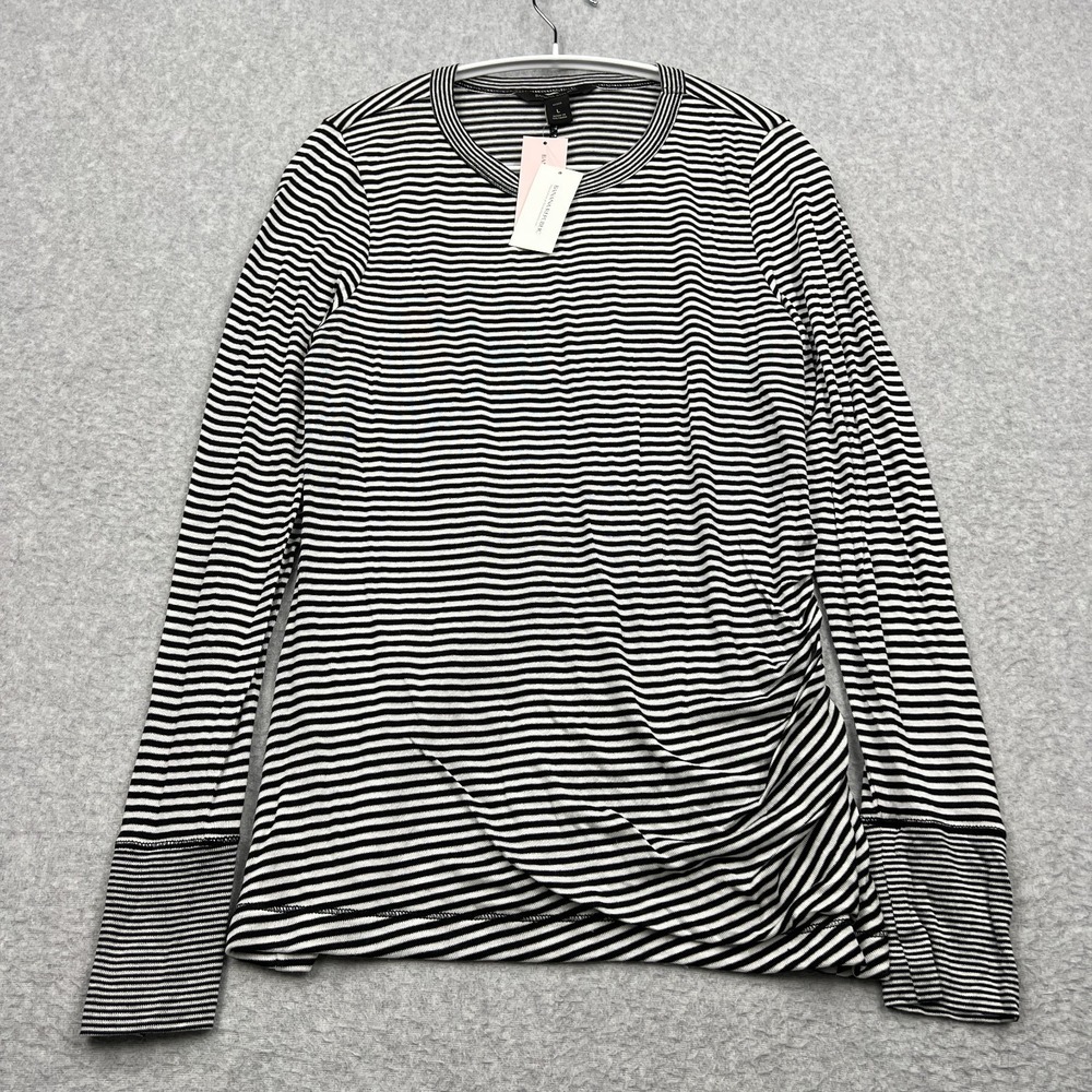 Banana Republic Top Women's Large Petite Black Striped LS Side Rouche Knit Shirt